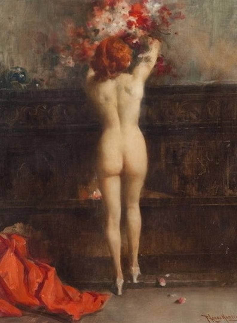 Nude Arranging Flowers painted by Francesco Longo Mancini. A naked lady wearing only high heeled shoes and showing off a naughty bottom as she arranges pretty flowers in a vase. She has short dark red hair.